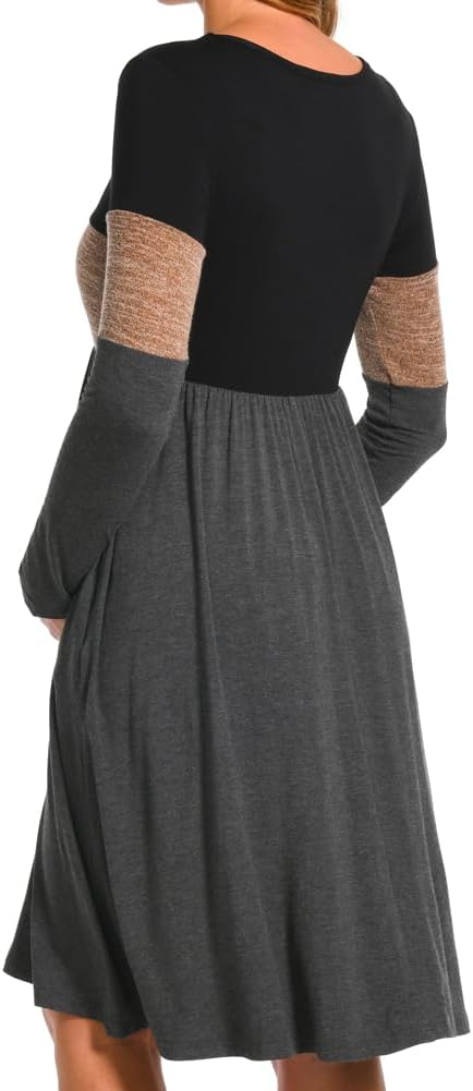 Bearsland Women’s Long Sleeve Maternity Dresses Patchwork Pregnancy Dress with Pocket S Brown, S Bro