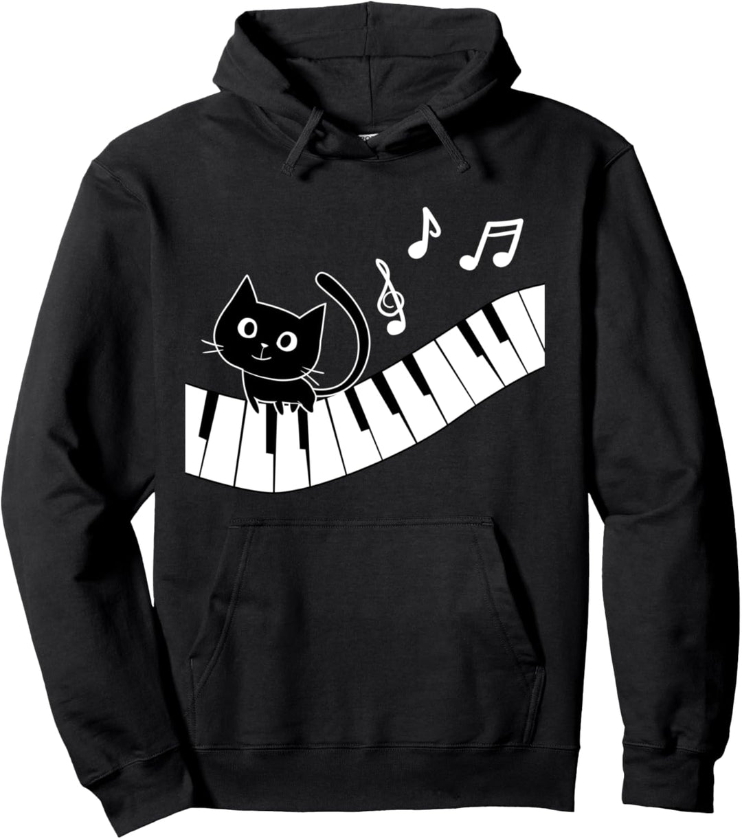 Schwarze Katze miniatur Panther spielt Piano und liebt Musik Pullover Hoodie