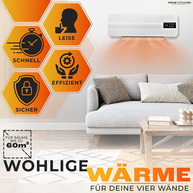 ProfiCare® Wand Heizlüfter mit Fenster-Offen-Erkennung | Heizkörper für bis zu 60qm | Elektroheizung