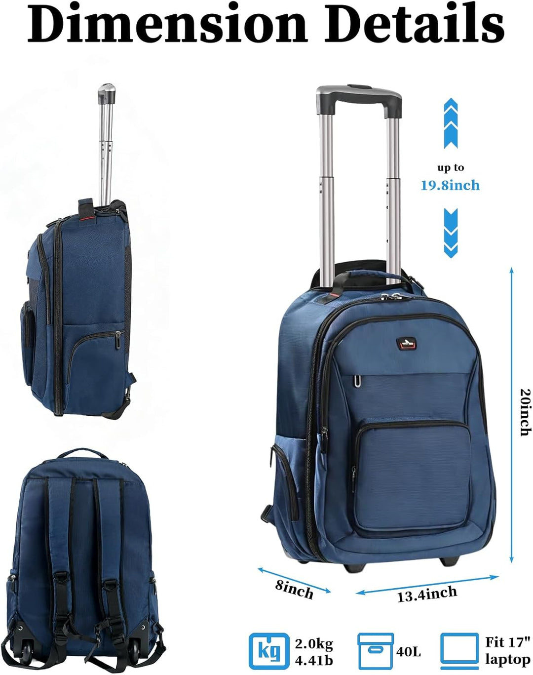 WIRABO Rucksack mit Rollen, 15.6 Zoll 35L Trolley Handgepäck Laptop Reisetasche mit Rollen Gross Ruc