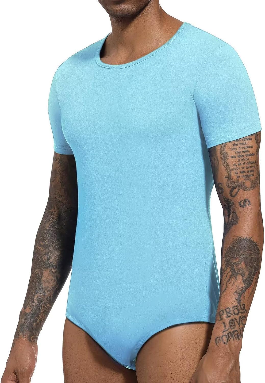 Landofgenie Männer Kurzarm Strampler Pyjama Bodysuit One Piece Strampler Hellblau 3XL, Hellblau 3XL