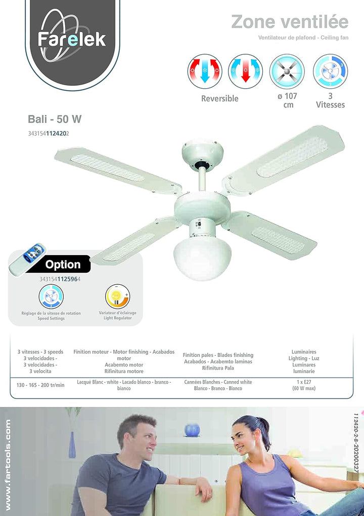 Farelek Bali Deckenventilator, 107 cm, blassgrün mit weiss