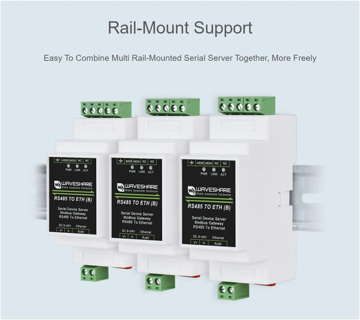 Waveshare RS485 to RJ45 Ethernet Converter Module, Industrial Rail-Mount RS485 Serial Server,TCP/IP