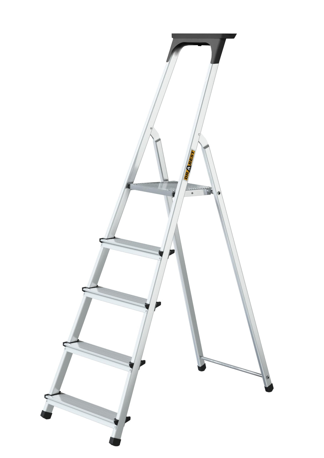 DRABEST Aluleiter mit Ablage, Stehleiter 5 Stufen, Trittleiter bis 125 kg, Haushaltleiter, Klapptrit