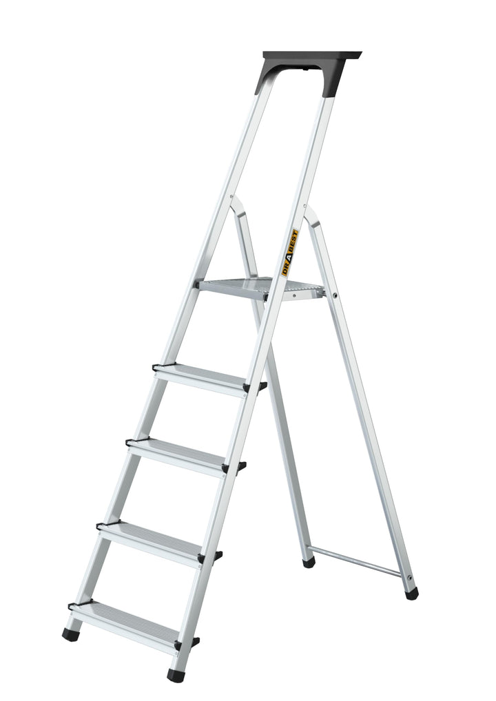 DRABEST Aluleiter mit Ablage, Stehleiter 5 Stufen, Trittleiter bis 125 kg, Haushaltleiter, Klapptrit