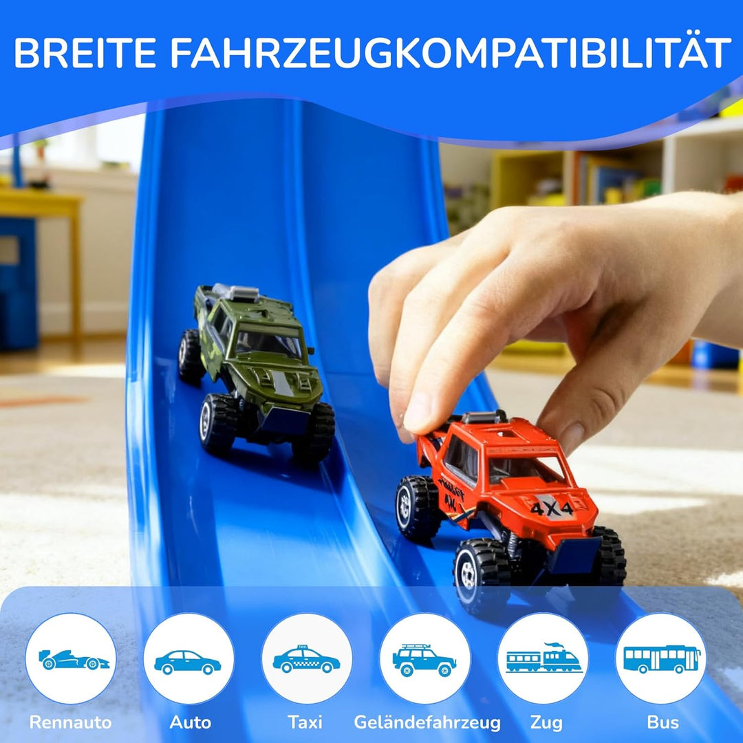 Autorennbahn Flexible Rennstrecke mit 4 Autos & Tragtasche – Soft Rennbahn Spielzeug für Kinder ab 3