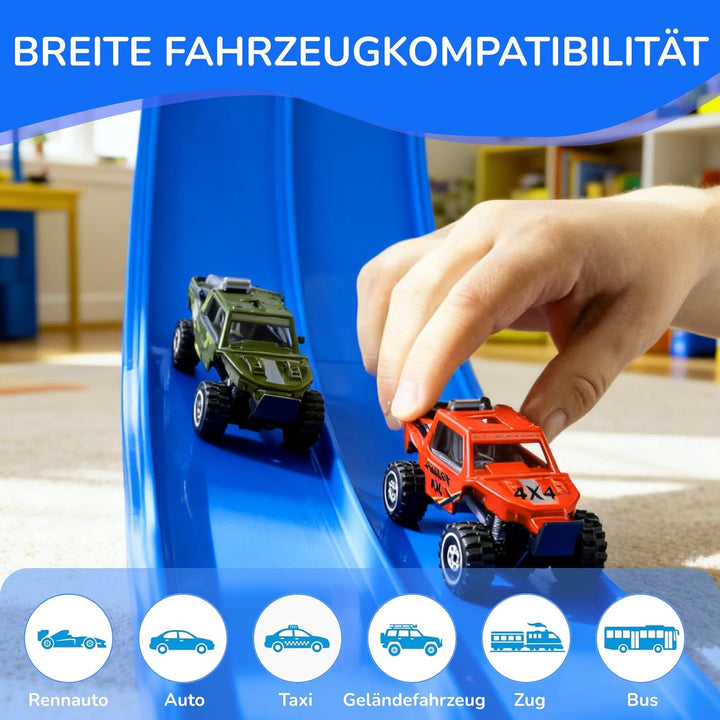 Autorennbahn Flexible Rennstrecke mit 4 Autos & Tragtasche – Soft Rennbahn Spielzeug für Kinder ab 3