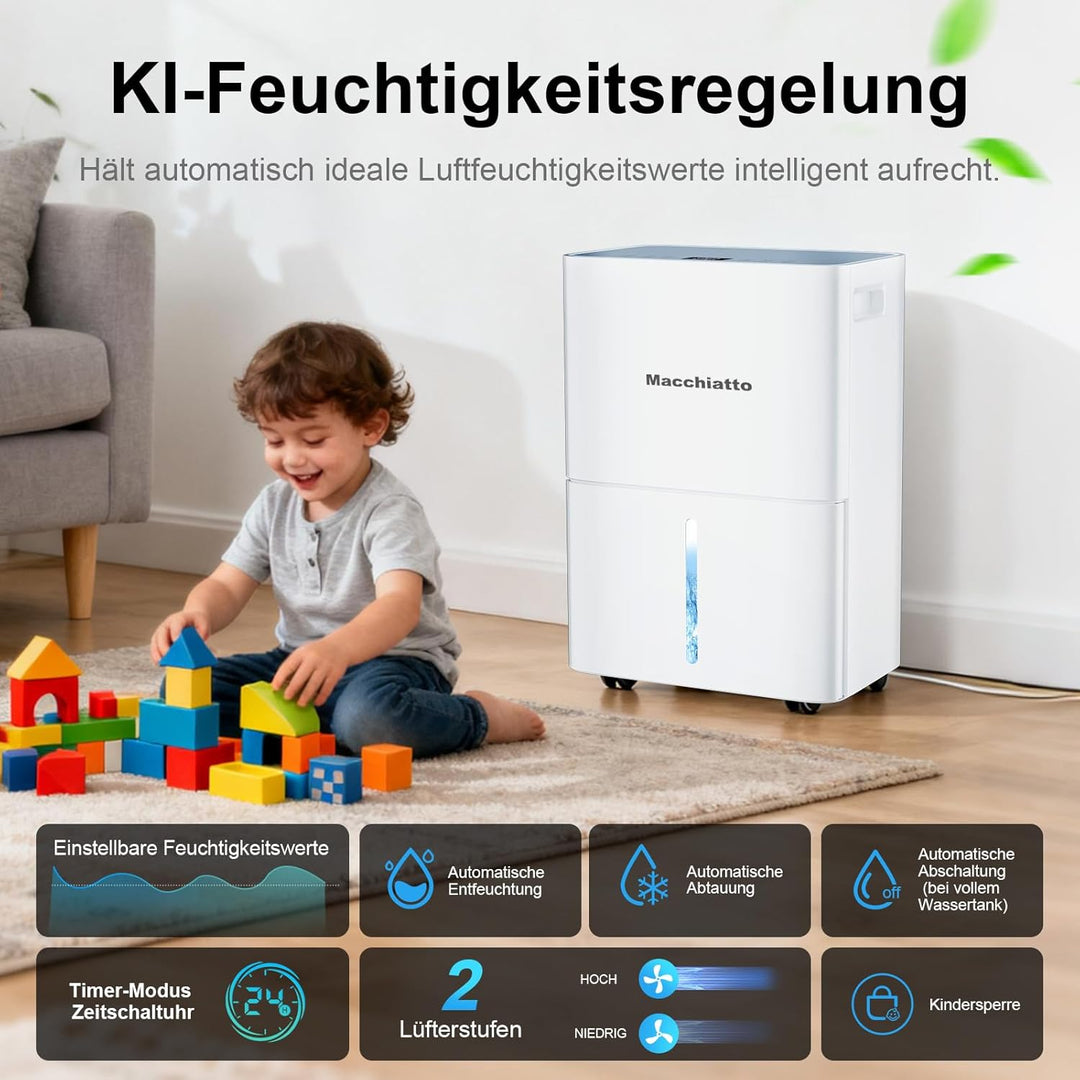 Macchiatto Elektrischer Luftentfeuchter Kompakt für bis zu 80m³(32m²) Räume Automatischer Betrieb,mi