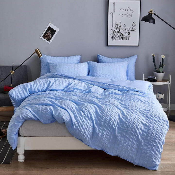 Seersucker Bettwäsche 155x220cm 2teilig Blau Geprägt Streifen Strukturiert Bettwaren-Sets Uni Gebürs