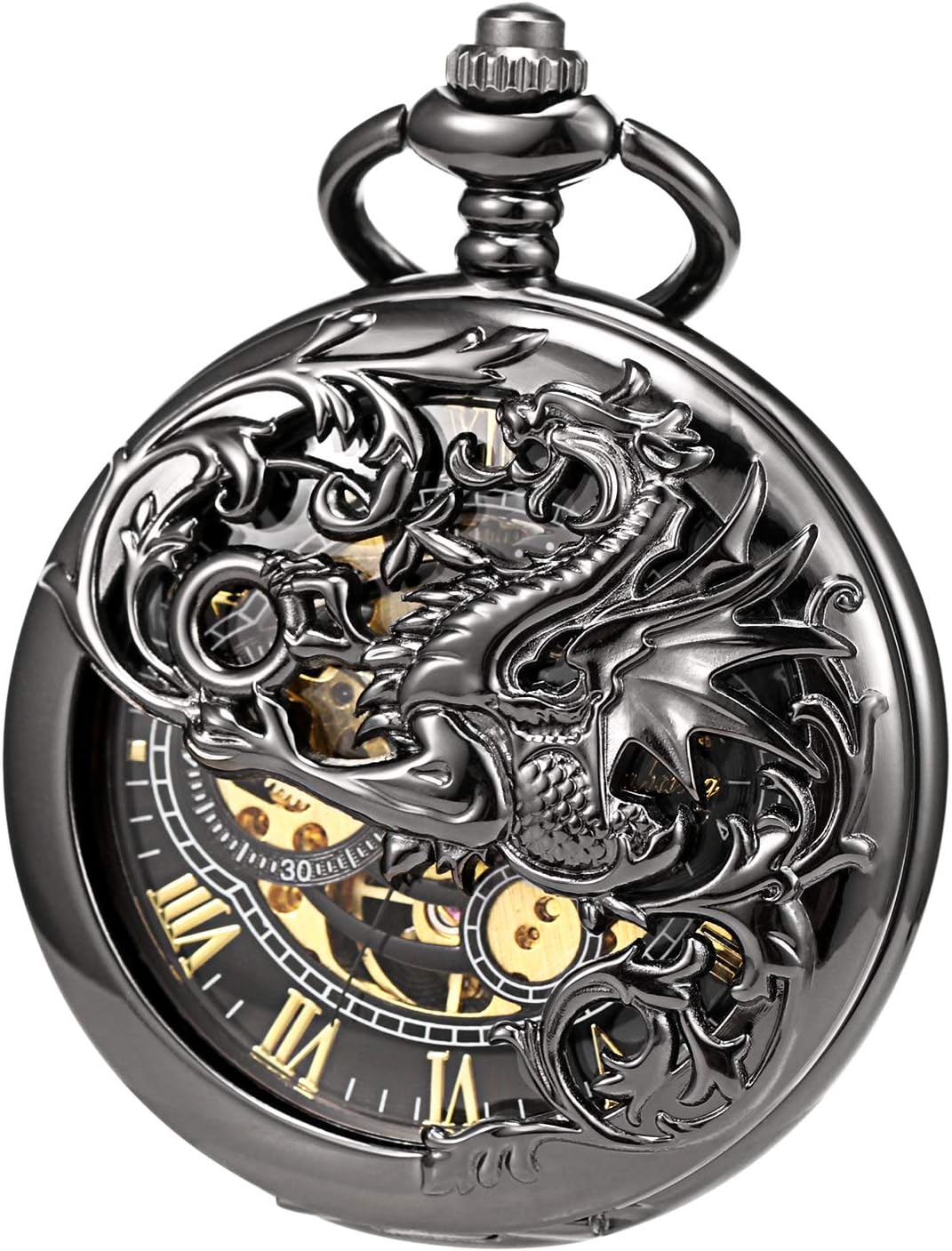 TREEWETO Unisex Taschenuhr mit Kette Analog Handaufzug Doppelscharnier Antik Drache Skelett Bronze 4