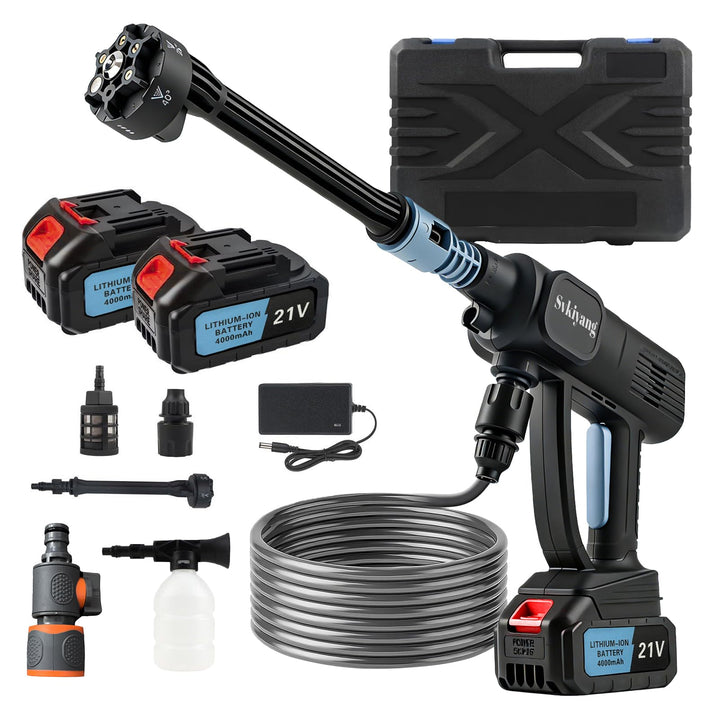 Akku Hochdruckreiniger 21V, Tragbarer Hochdruckreiniger Akku mit 2x4000mAh Akkus, 6-in-1 Multifunkti