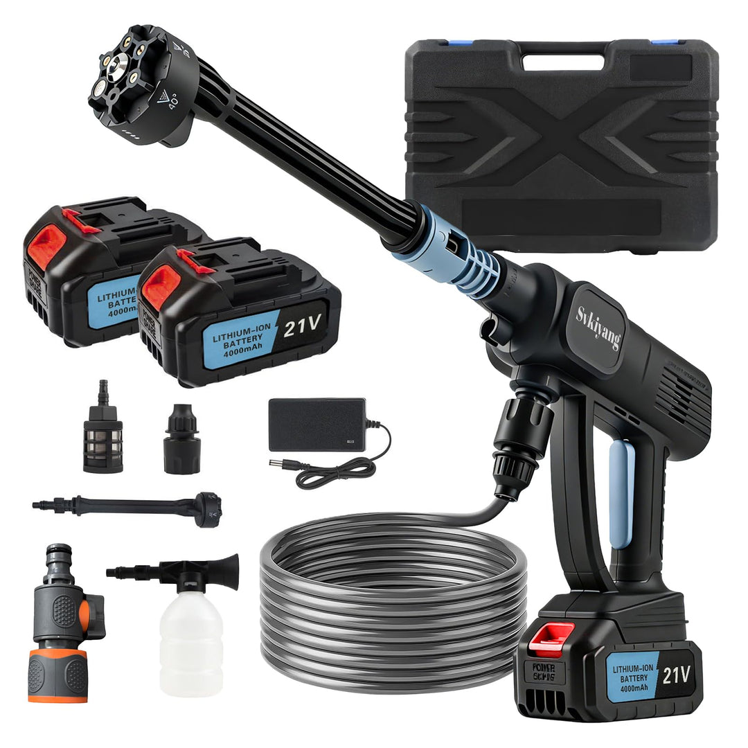 Akku Hochdruckreiniger 21V, Tragbarer Hochdruckreiniger Akku mit 2x4000mAh Akkus, 6-in-1 Multifunkti