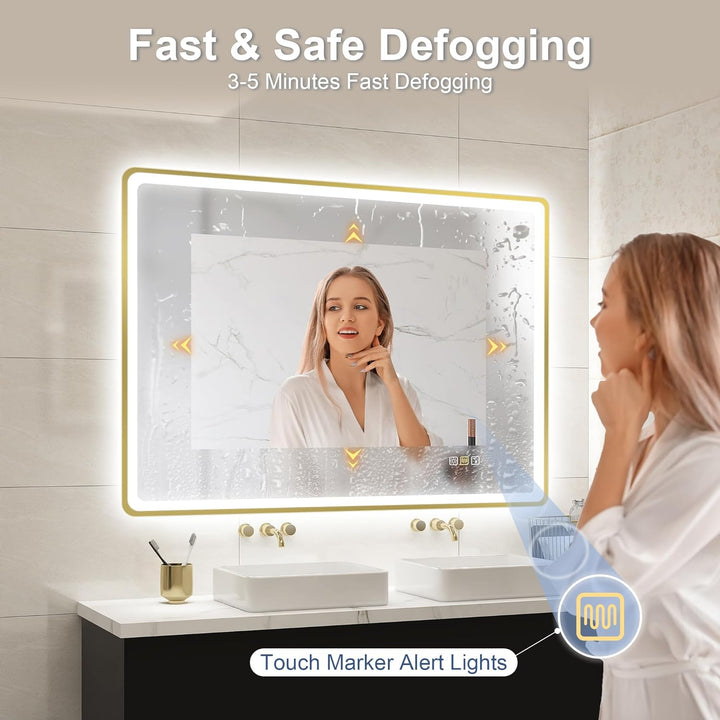 STARLEAD 100x70cm Golden LED-Badspiegel-mit-Beleuchtung und Bluetooth, Entfoggen, Dimmbar, 3 Lichtfa