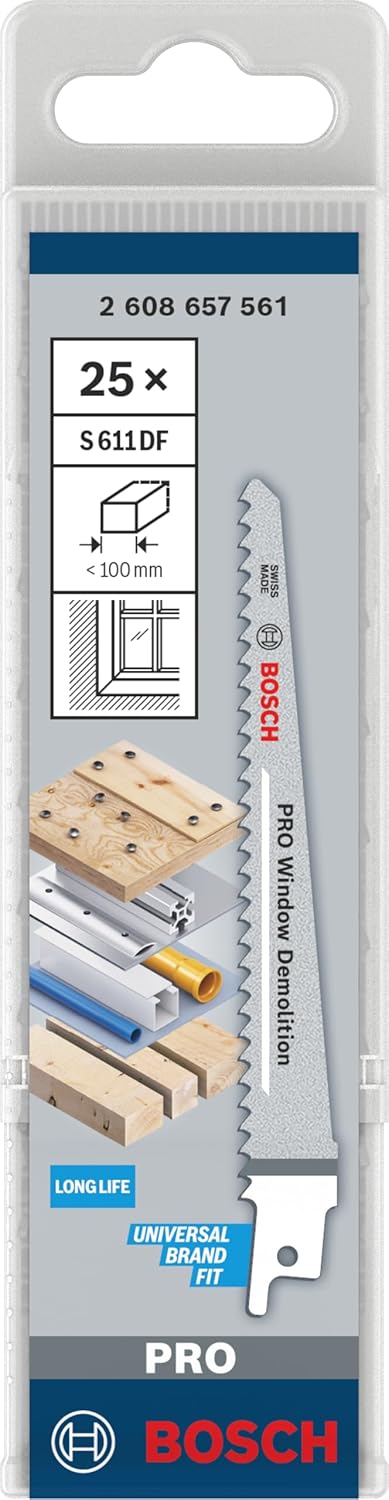 Bosch Professional 25 Stück Säbelsägeblatt S 611 DF Heavy for Wood and Metal (Länge 150 mm, Zubehör