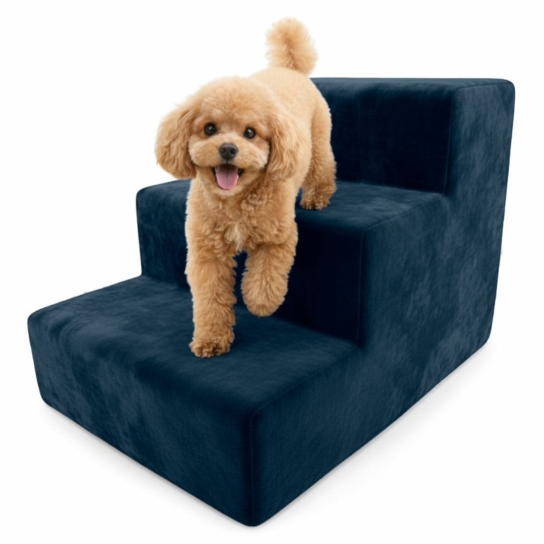 Muralo Hundetreppe 3 Stufen für Kleine Hunde, Katzen, Velvet - Dunkelblau | Haustiertreppe 30 cm, ru