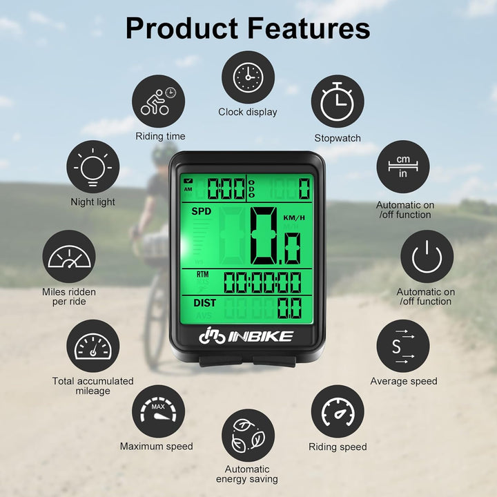 INBIKE Fahrradcomputer Kabellos Wasserdicht mit LCD Display Multi-Funktion Fahrradtacho Tachometer K