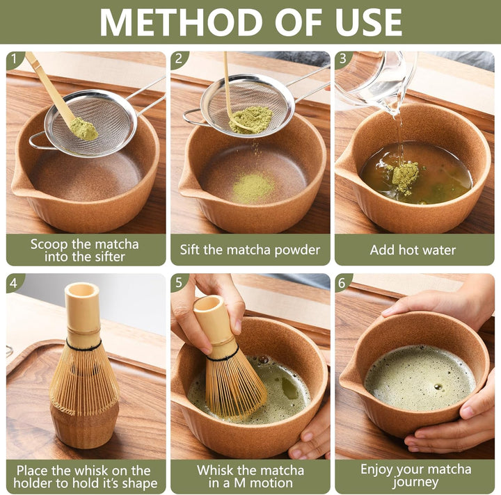 Matcha Set Premium 7-teilig Keramik: Matcha Schale, Bambus Besen (Chasen),Teebesenbasis，Teelöffel, S