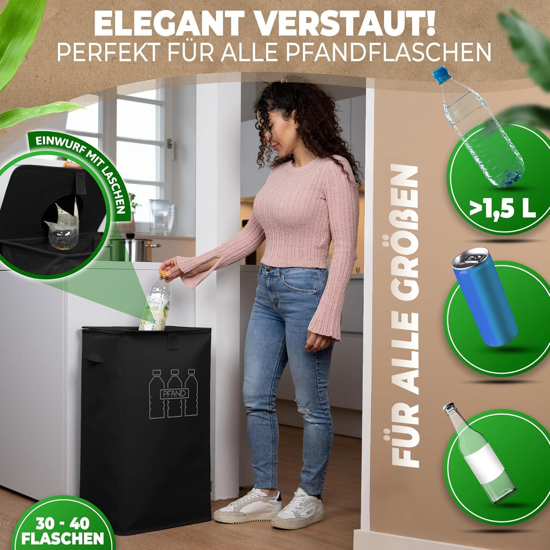 COTTARA® Pfandflaschen Sammelbehälter xxl mit Deckel und Tragetasche | Pfandbehälter mit Loch | Idea