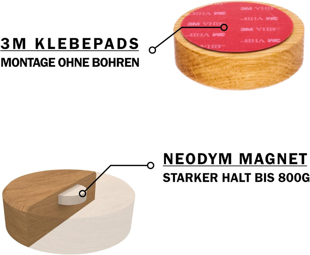 KERNHOLZ "Tux" - 3er Set | Magnetischer Messerhalter aus Holz | Massivholz Eiche | Zum Kleben - Ohne