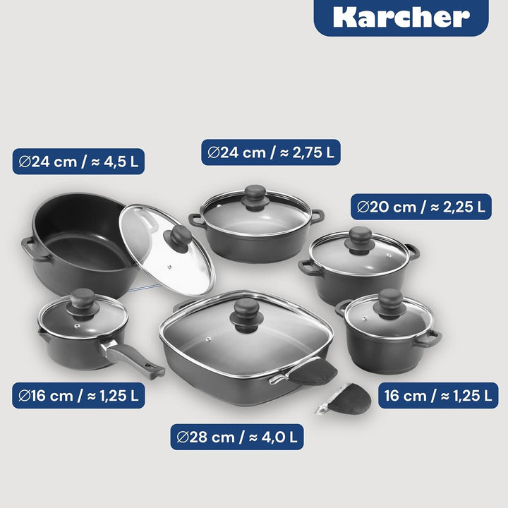 Karcher 112914 Topfset (Aluguss, 12-teilig, Teflon-Classic-Antihaftbeschichtung, inkl. Glasdeckel un