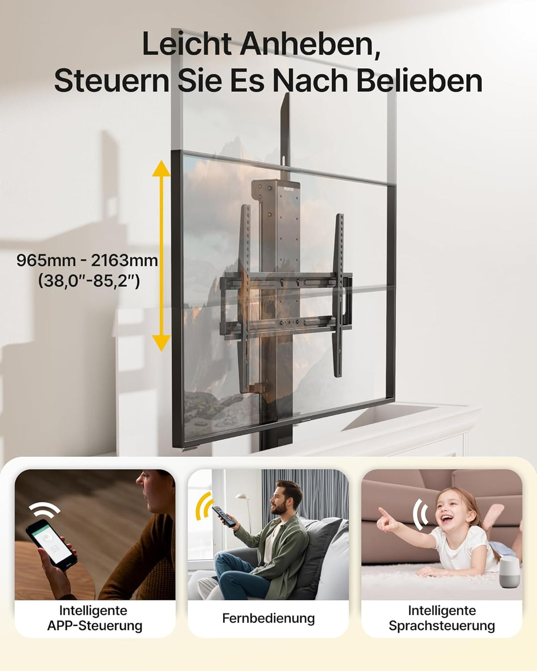 monTEK TV Lift Elektrisch für 43-88 Zoll Fernseher bis 60 kg, Motorisierte TV Halterung mit Funkfern