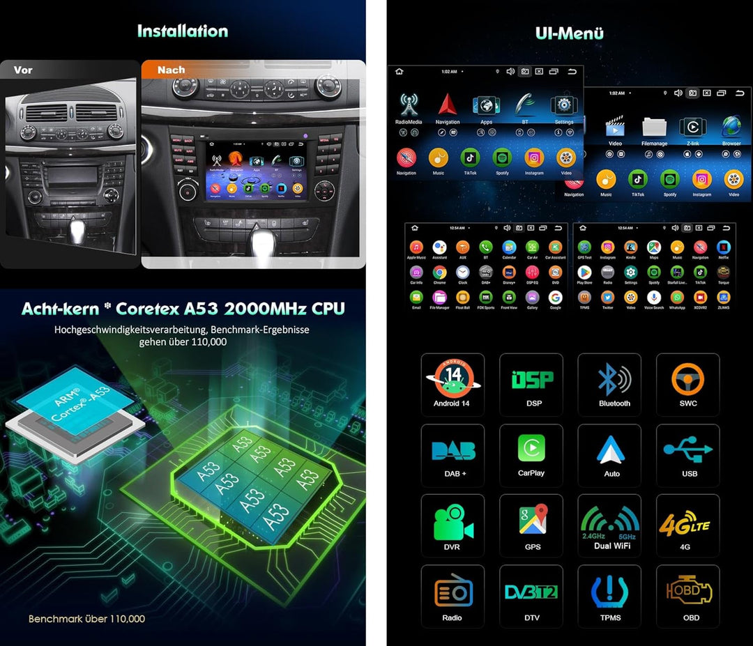 Erisin 8-Kern 4GB+64GB Android 14 2 DIN Autoradio GPS Navi für Mercedes Benz E/CLS Klasse W211 W219