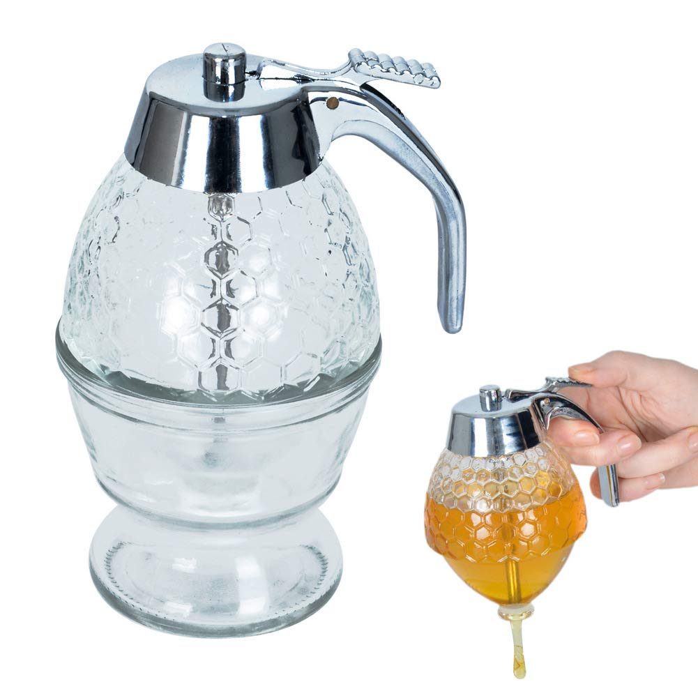 ORION Glas Spender Dispenser für Honig Sirup Honig-Dosierer mit Untersatz Speicher Ständer