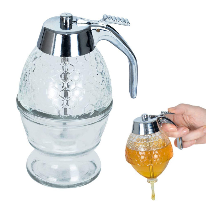 ORION Glas Spender Dispenser für Honig Sirup Honig-Dosierer mit Untersatz Speicher Ständer