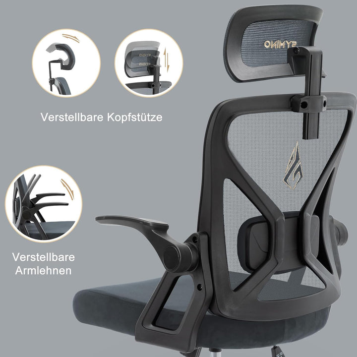 symino Bürostuhl, Schreibtischstuhl, Drehstuhl Ergonomischer mit Verstellbarer Kopfstütze, Armlehnen