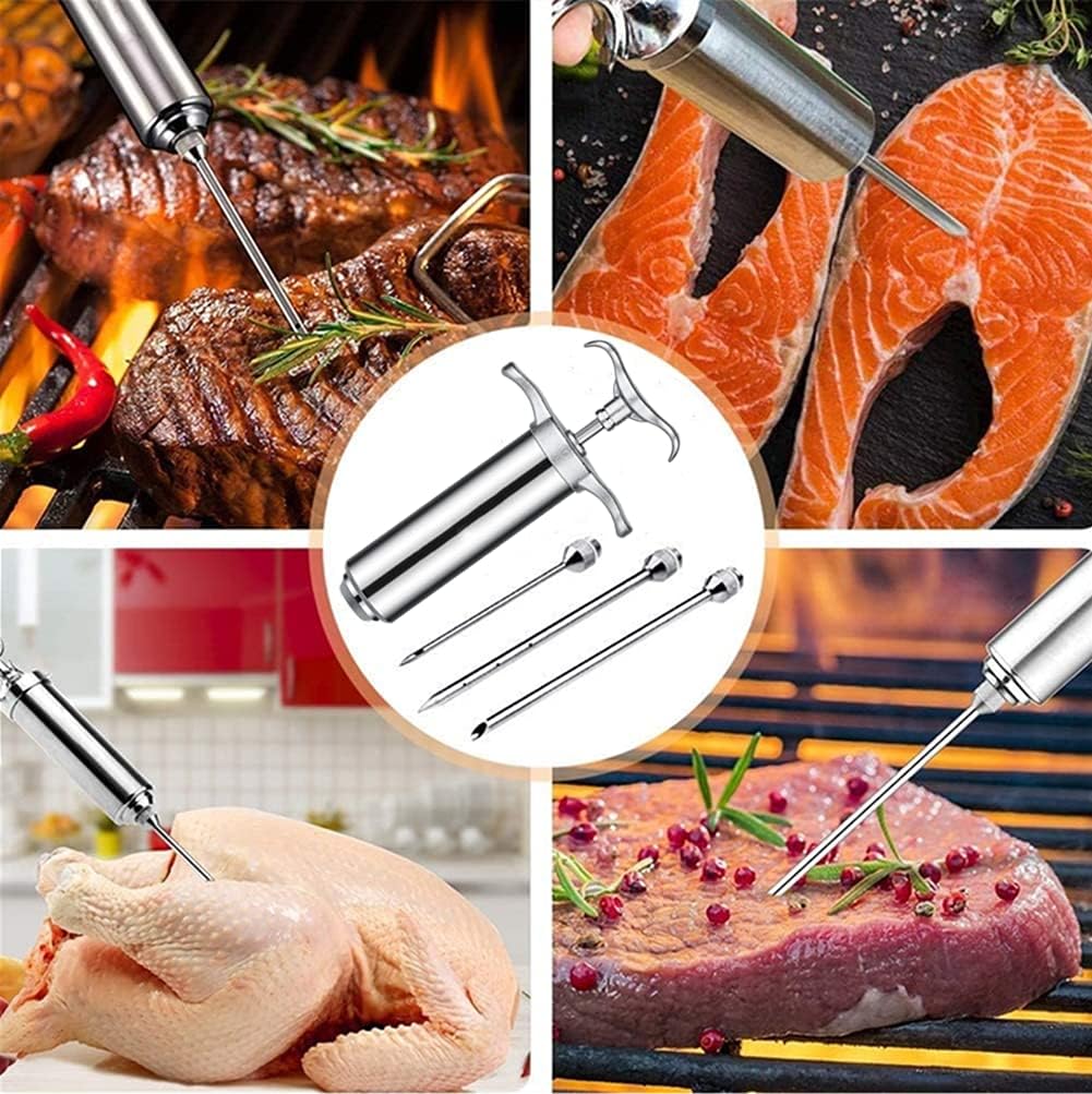 Fleischspritze Marinadenspritze,BBQ Bratenspritze 60ml mit 3 Nadeln,304 Edelstahl-Gewürzspritze,Pöke