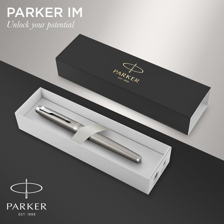 Parker IM Rollerball | Edelstahl mit Chrom-Zierteilen | feine Spitze mit schwarzer Tinte | Geschenkb