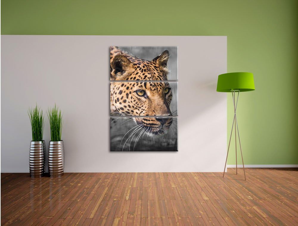 Pixxprint schleichender Leopard schwarz/weiss 3-Teiler Leinwandbild 120x80 Bild auf Leinwand
