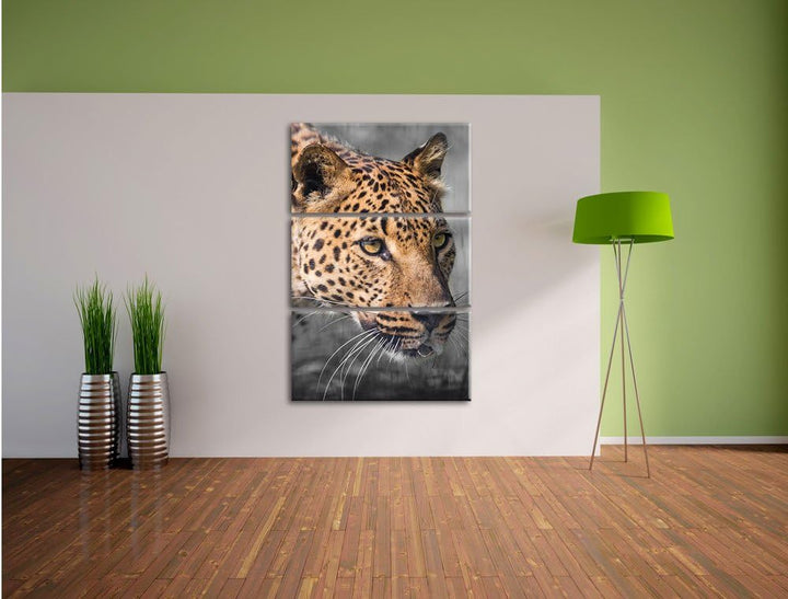 Pixxprint schleichender Leopard schwarz/weiss 3-Teiler Leinwandbild 120x80 Bild auf Leinwand
