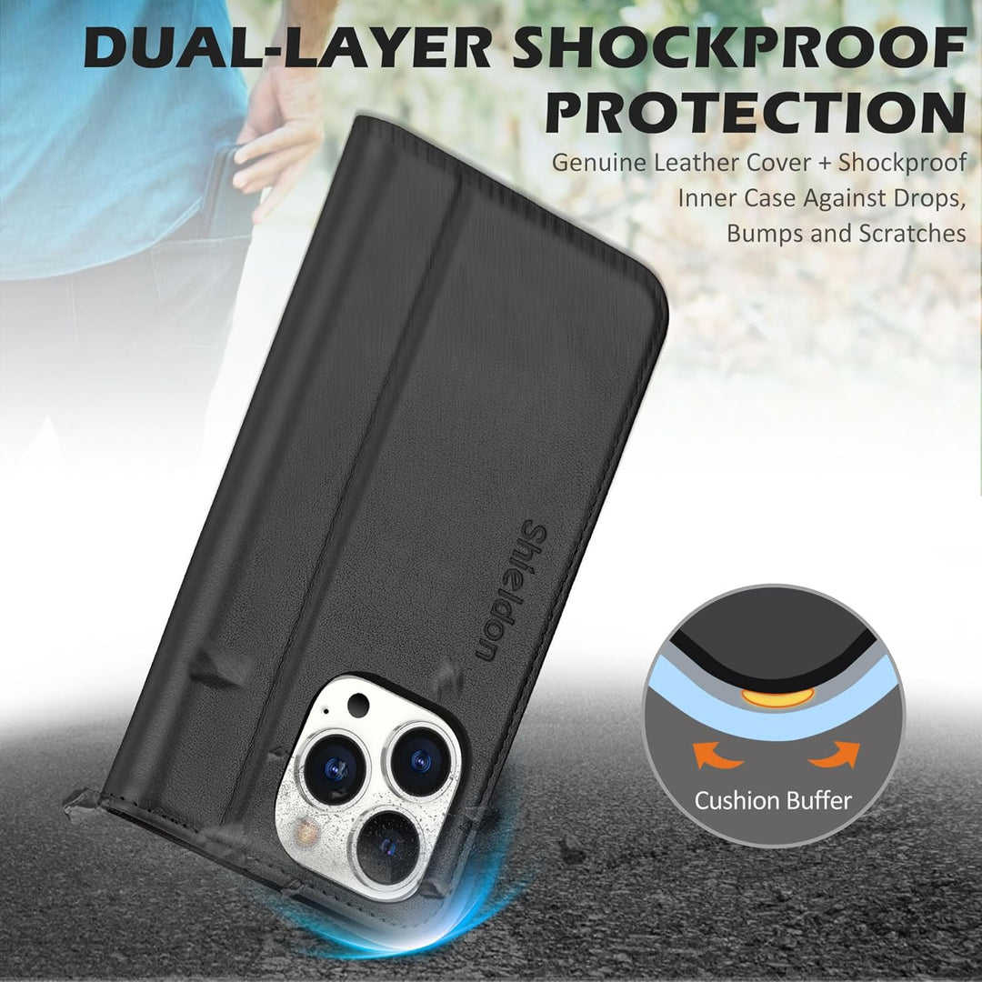 SHIELDON Hülle für iPhone 14 Pro 5G Handyhülle [Echtleder] [Kartenfach] [Magnet] [Standfunktion] [RF