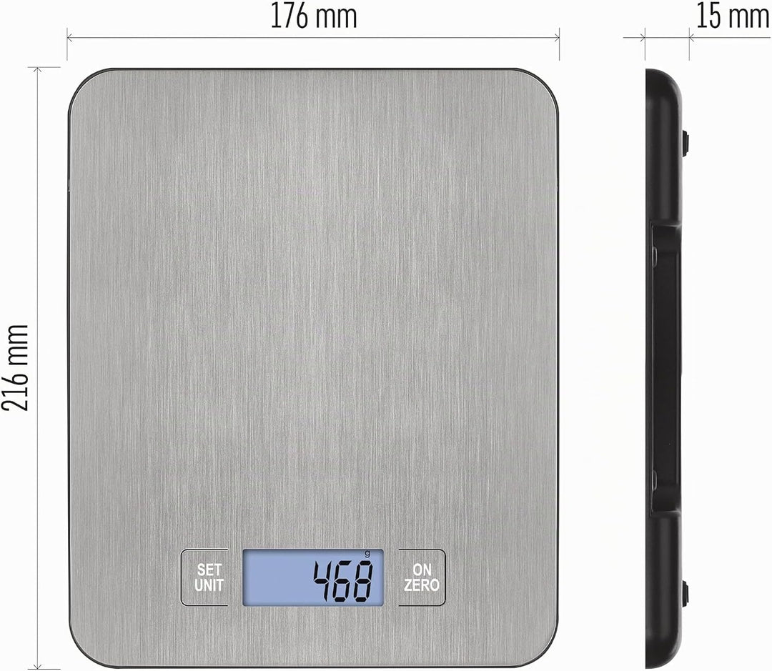 EMOS EV023 Küchenwaage aus Edelstahl mit Wandaufhängung/Digitalwaage mit beleuchtetem LCD Display/Ta