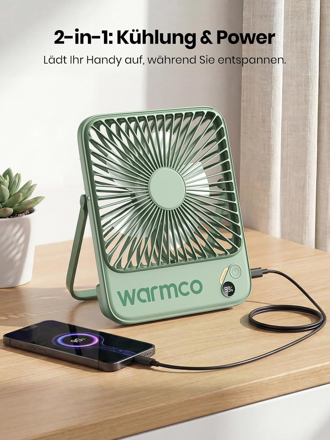Warmco 10000mAh Tragbarer Ventilator 21 cm Hoch, Bis zu 24h Laufzeit, Ultra-dünn Leise Akku Tischven