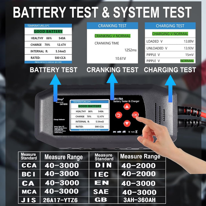 Smart Auto Batterie Ladegerät 12V 8A und Auto Batterie Tester,Multi-Languga Schnittstelle,Multi-Funk