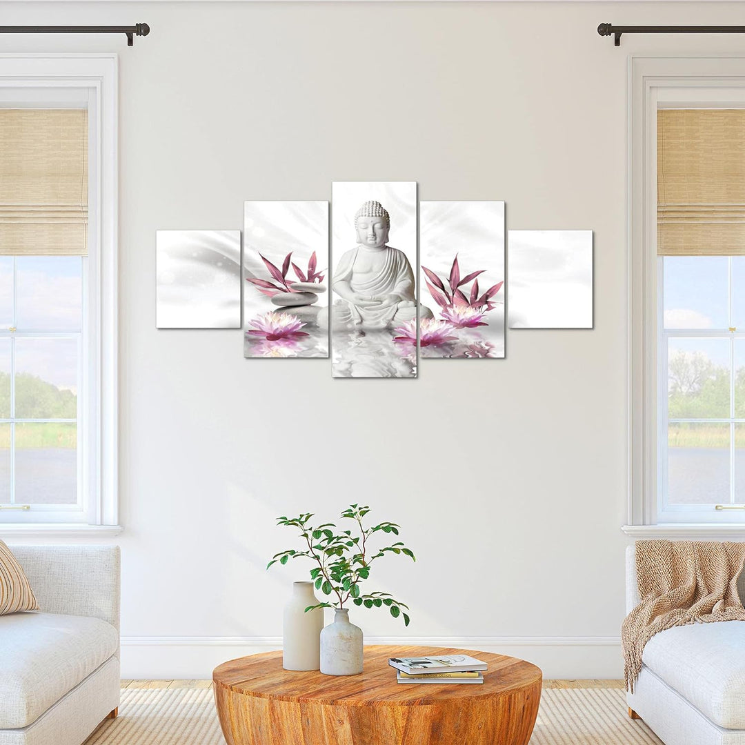 Runa Art - Bilder Buddha Feng Shui 200 x 100 cm 5 Teilig XXL Wanddekoration Design Grau Rosa 011651a