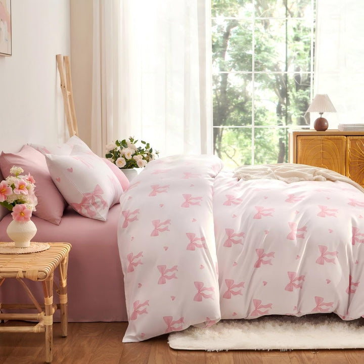 Tospass Schleife Bettwäsche 135x200cm Beige Rosa Schleifen Mädchen Wendebettwäsche-Set Deckenbezug F