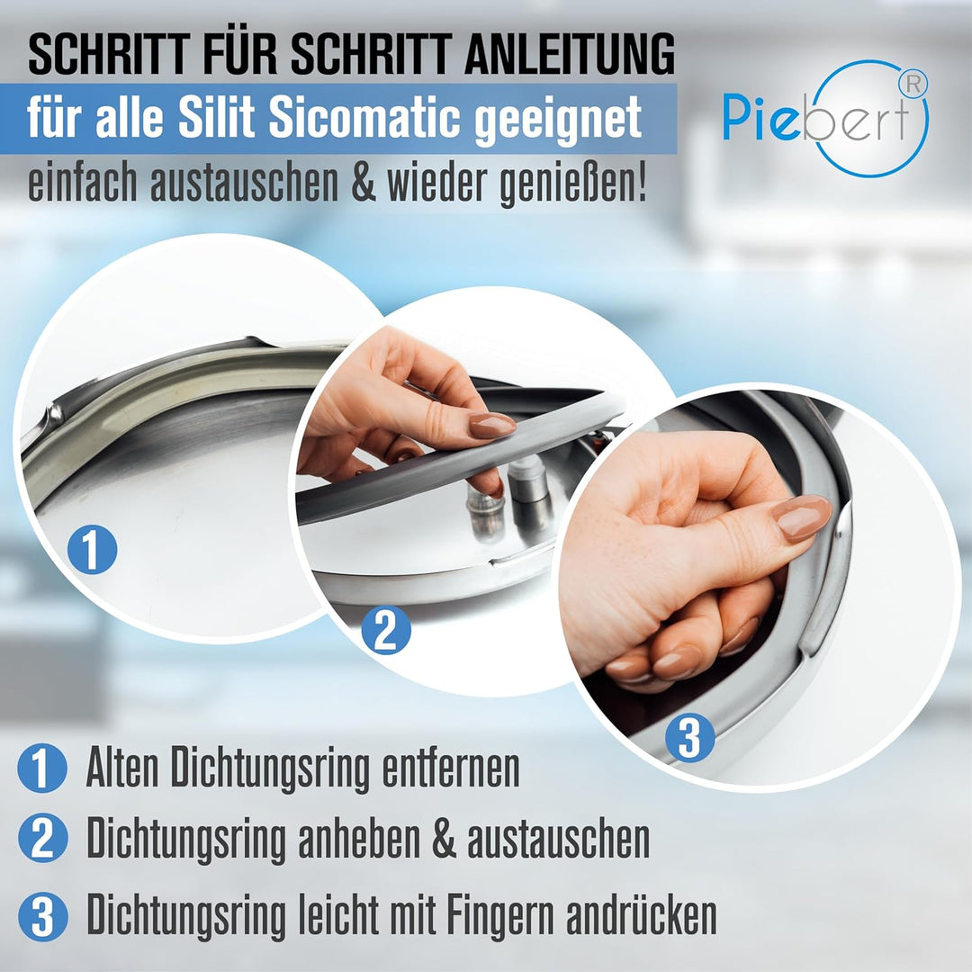 3x Piebert Dichtung 39154 22cm für Silit Sicomatic® Schnellkochtopf Deckel, grau, Silikon, 22cm Inne