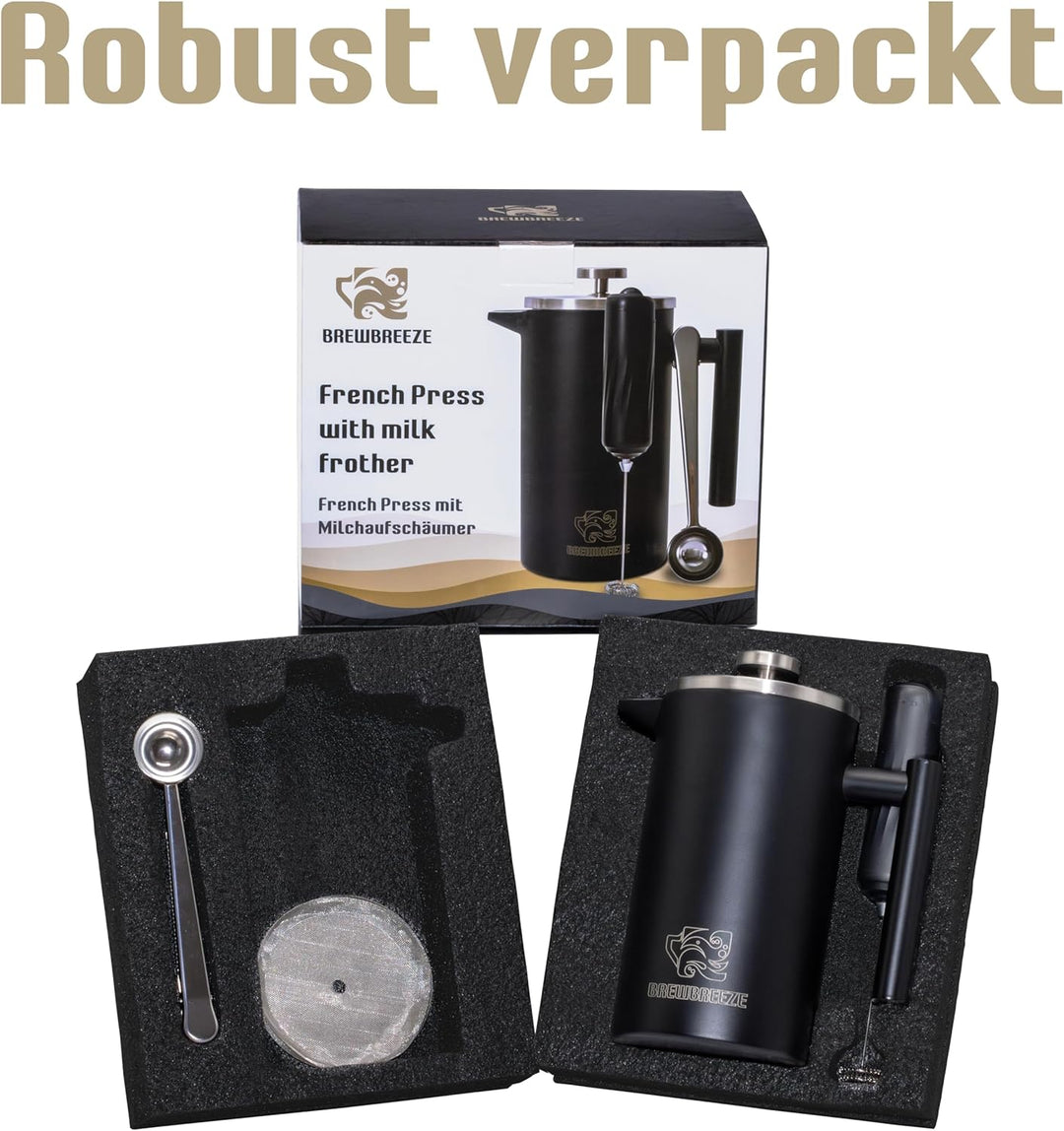 French Press Set I Kaffeebereiter, Thermo, Kaffeepresse, für Filterkaffee, 1 Liter, Milchaufschäumer