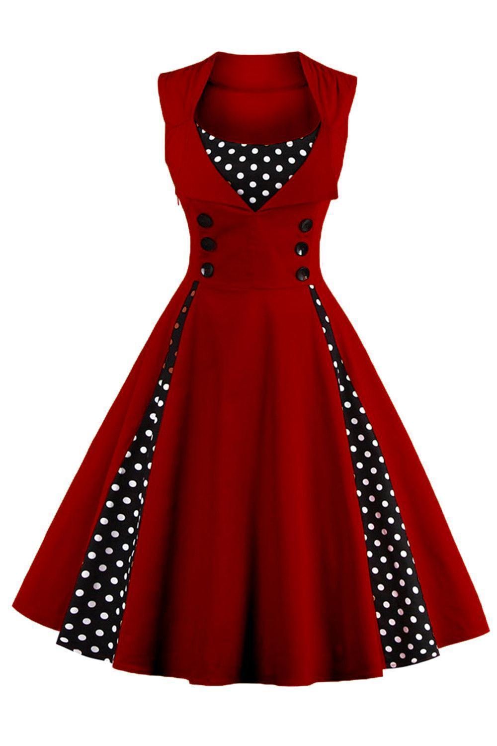 Axoe Damen 50er Jahre Kleider mit Gepunkte Rockabilly XL Weinrot, XL Weinrot