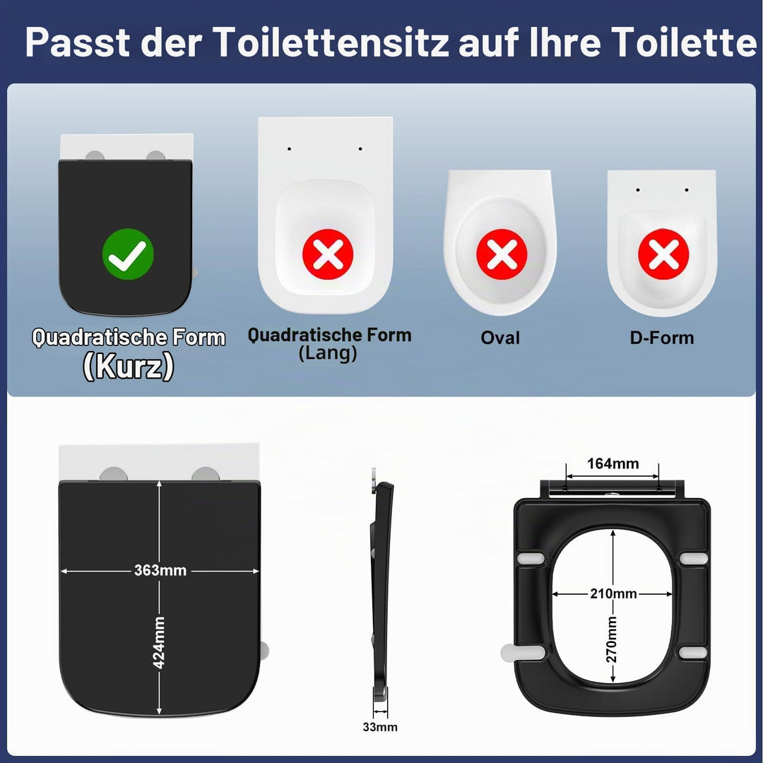 YEAUPE RPO Toilettendeckel mit Absenkautomatik Eckig [KURZ],WC Sitz Quick-Release zur einfachen Rein