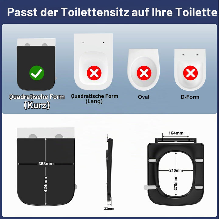 YEAUPE RPO Toilettendeckel mit Absenkautomatik Eckig [KURZ],WC Sitz Quick-Release zur einfachen Rein