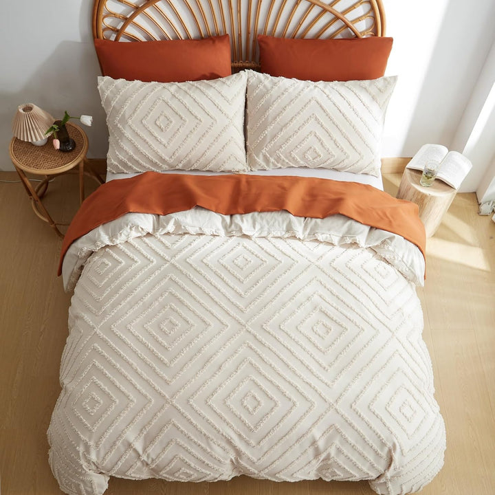 Freyamy Böhmen Bettwäsche 200x220cm 3teilig Beige Getuftet Kariert Boho Bettwäsche Stickerei Shabby