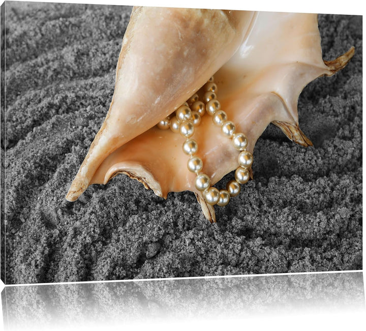 Muschel mit Perlenkette im Sand schwarz/weiss Format: 100x70 auf Leinwand, XXL riesige Bilder fertig