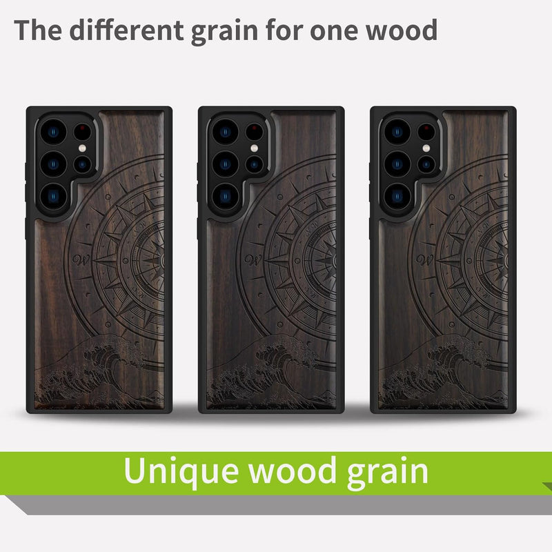 Carveit Holz Handyhülle für Galaxy S22 Ultra Case [Elegante Schwarzholz] [Weich TPU Stossstange] Sto