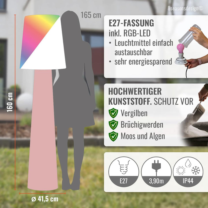 8 seasons design LED Stehlampe No. 1-160cm gross (Rosa), E27, RGB Farbwechsel, dimmbar, Fernbedienun