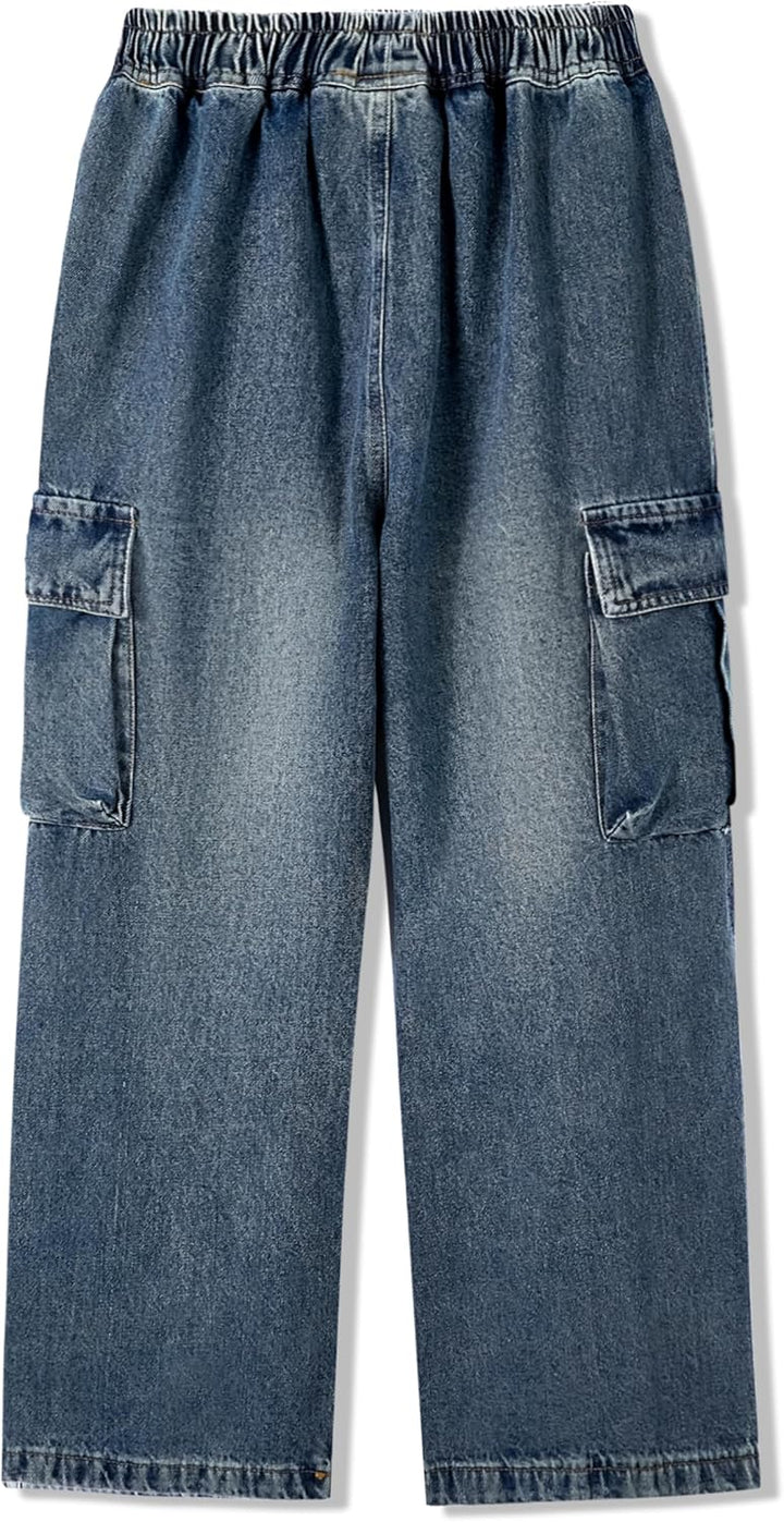 Rolanko Baggy Cargo Jeans für Mädchen, Elastische Hose mit Hoher Taille und Weitem Bein Y2K Jeanshos