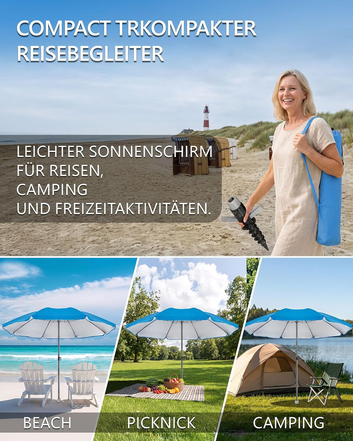 4smile Sonnenschirm Strand SunnyJoy 3-IN-1-SET, Fb. Blau - Strandschirm Ø 180 cm + Bodenhülse + Schu